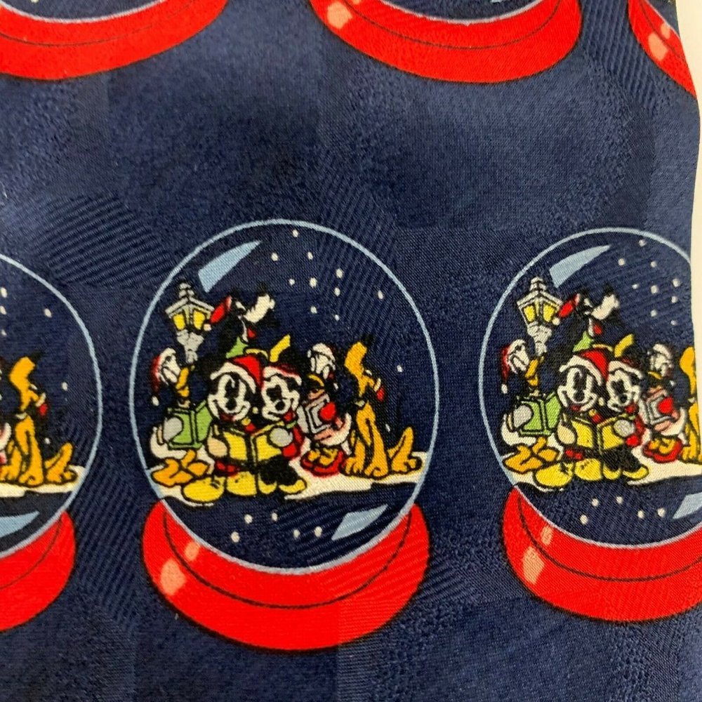 Mickey & Friends Atlas Design Men's Novelty Necktie. Blue. Snow Globes. Silk.